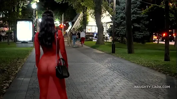 Big Red transparent dress in public total Videos